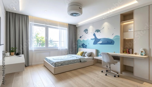 Bright, modern child's bedroom with whale mural and built-in desk