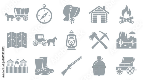 Tableau sur toile Collection of Western-themed icons representing pioneer life and exploration