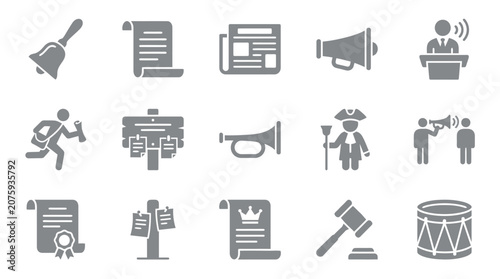 Εκτύπωση καμβά Collection of communication and announcement icons, including a bell, scroll, newspaper, megaphone, and speaker