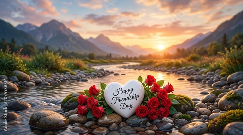 Happy friendship day heart with red roses on rocky beach at sunset