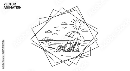 Couple relaxing on beach chairs under umbrella, ocean waves and sun in background, vector animation frame
