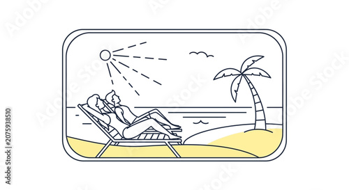 Couple relaxing on beach chairs under tropical sun, palm tree, ocean view