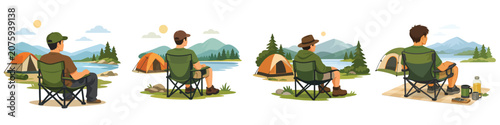 Vector of a man sitting on a camping chair while enjoying the natural scenery. Vector, illustration, minimalist, flat