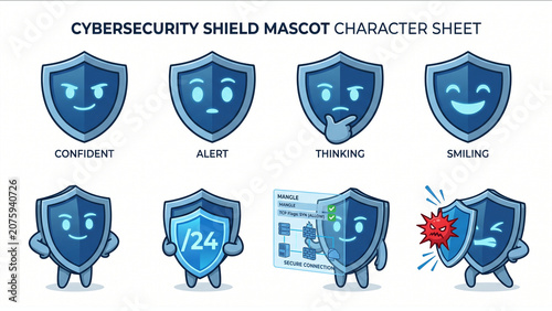 Digital shield characters expressing cybersecurity emotions and actions