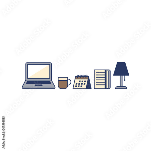 Illustration of Flat design office workspace icons with laptop, coffee cup, calendar, book, and lamp on white background.