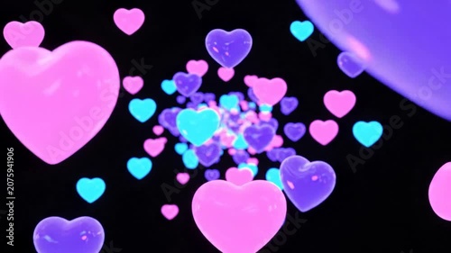 Abstract 3D Hearts Floating in Neon Pink and Blue Colors