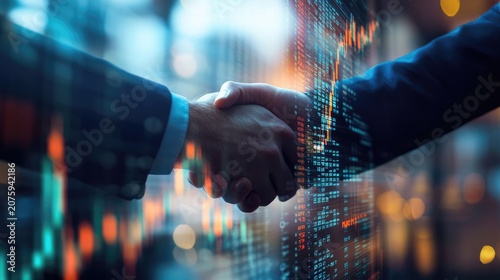 Business Handshake Over Stock Market Data: A close-up shot captures two business professionals sealing a deal with a firm handshake, overlaid with vibrant, dynamic stock market graphs and city lights.