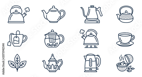 Tea kettle and teapot icons set.