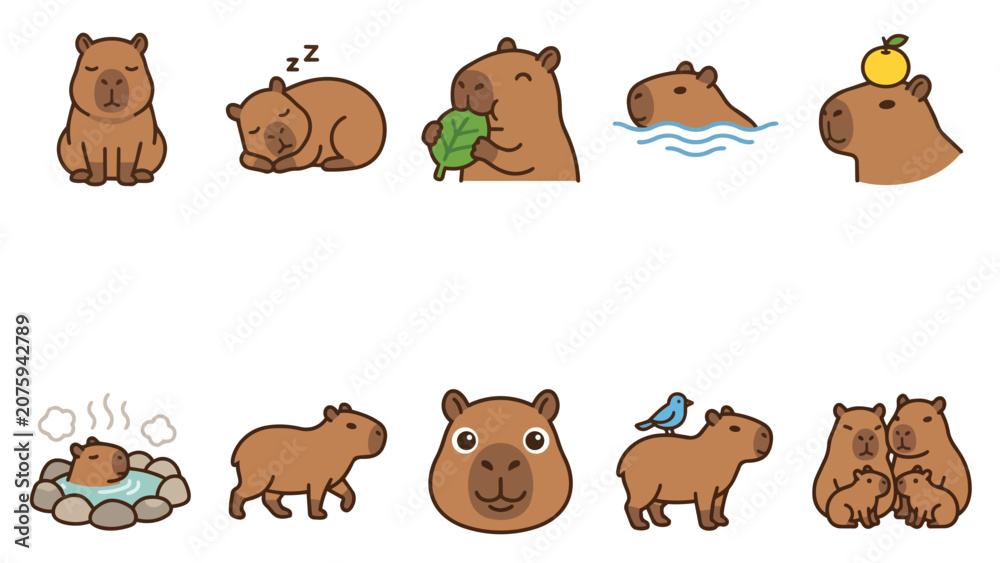 Obraz premium Cute capybara character set with various poses and activities