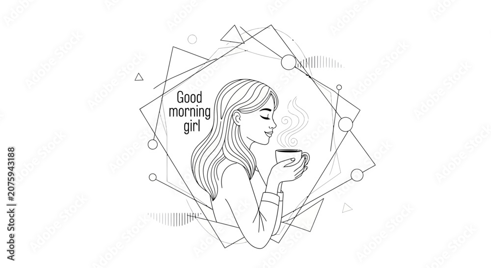 Obraz premium Woman enjoying morning coffee, geometric frame, line art, good morning concept