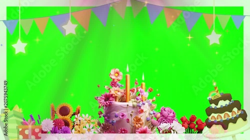 Floral birthday cake with candles sits beneath hanging stars and pennant flags, providing a festive green screen workspace for event announcements and videos.
