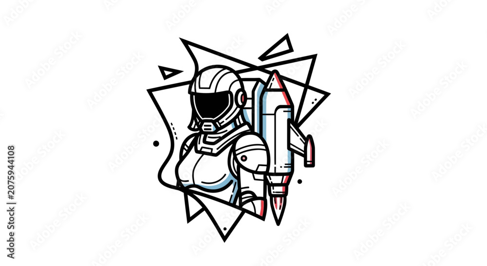 Obraz premium Astronaut Woman with Rocket Pack, Sci-Fi Character, Geometric Abstract Background