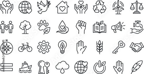 Diverse line icon set sustainability community justice and global concepts for design projects