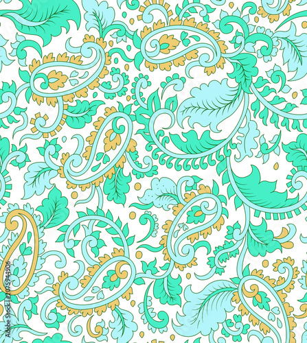 Seamless floral paisley pattern with teal and gold swirls on white background