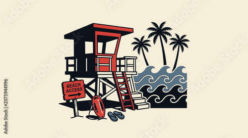 Vintage California lifeguard tower with palm trees and ocean waves, retro graphic illustration for t-shirt design and summer apparel branding