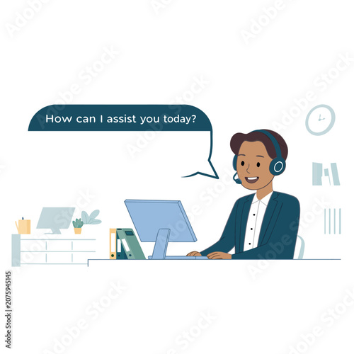 Web Customer support representative with headset talking to client vector illustration