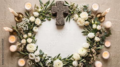 Día de los Mártires Riojanos, white flowers, candles, olive leaves and stone cross ornament arranged elegantly from top view