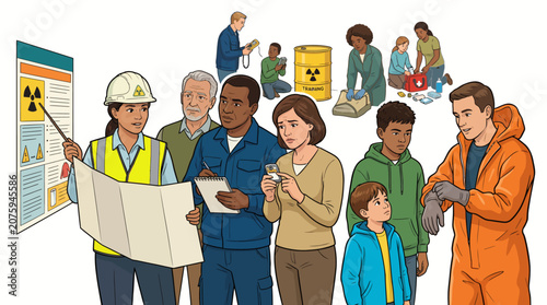 Schilderij op canvas Illustration of diverse people in various professions and activities on a clean white background with a mix of casual and work attire