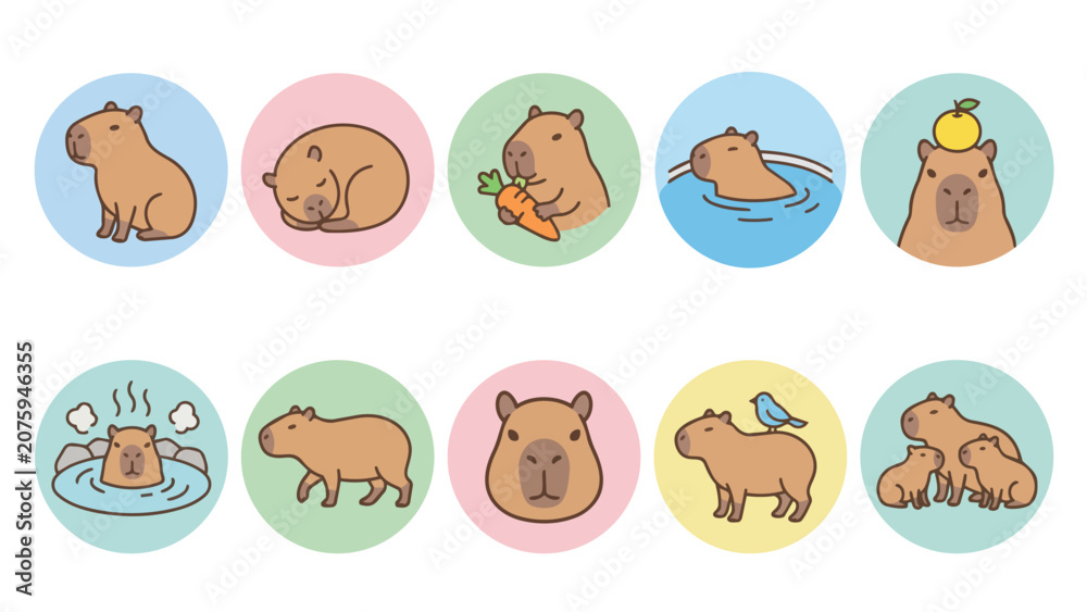 Fototapeta premium Cute capybara character icons showing various daily activities