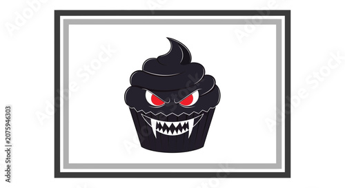 Scary Black Cupcake with Red Eyes and Fangs - Halloween Treat