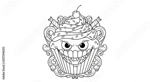 Scary Cartoon Cupcake Monster with Cherry and Sharp Teeth, Black and White Line Art