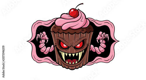 Scary Chocolate Cupcake Monster with Cherry and Pink Frosting - Halloween Food