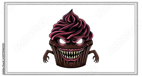 Scary Chocolate Cupcake Monster with Sharp Teeth and Glowing Eyes