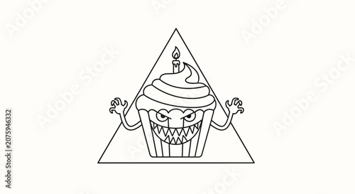 Scary Cupcake Character with Spooky Eyes and Sharp Teeth Inside a Triangle