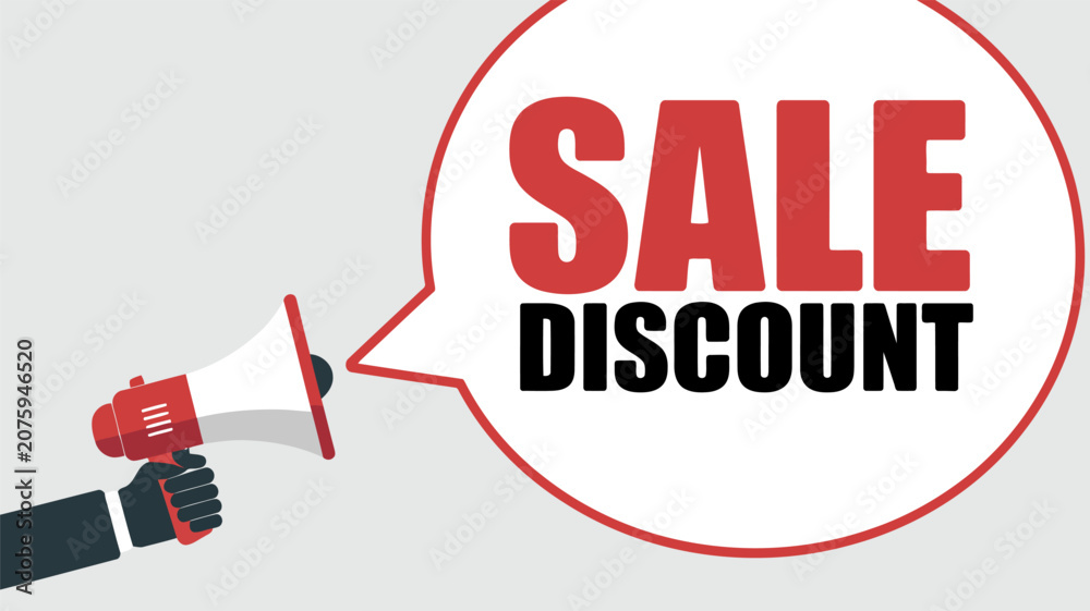 Fototapeta premium Hand in suit holding megaphone with red outline announcing SALEDISCOUNT 