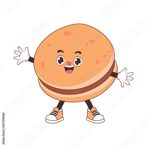 Cute dorayaki vector mascot in flat comic style with waving hands for traditional sweet Japanese pancake dessert cafe menu concept isolated on white background.
