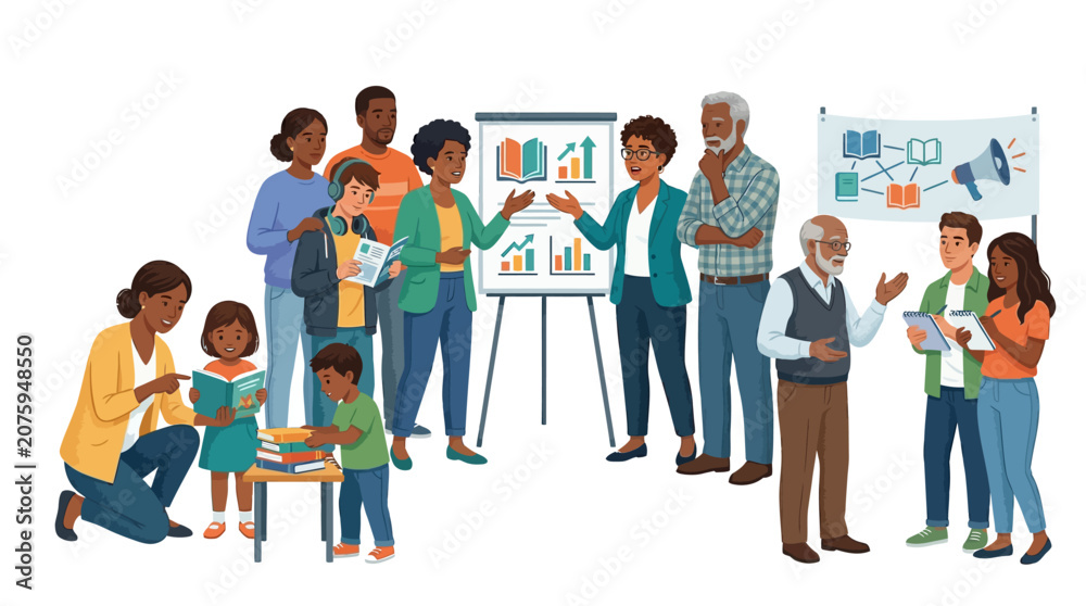 Obraz premium Diverse group of adults and children gathered around a presentation on an easel in a collaborative meeting setting with a white background and a mix of casual and business attire.