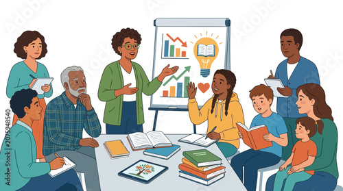 Foto Diverse group of people engaged in a meeting around a table with books and papers, discussing ideas in a collaborative setting with a presentation on a board