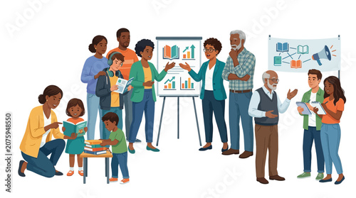 Diverse group of adults and children gathered around a presentation on an easel in a collaborative meeting setting with a white background and a mix of casual and business attire.