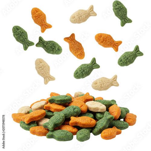 Small, bite-sized, fish-shaped cat treats in emerald green, orange, beige, some falling, some piled on a transparent studio background, concept for pet food marketing