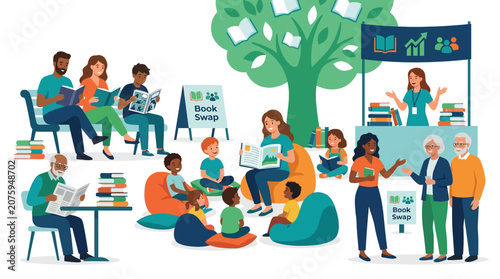 Cuadro en lienzo Illustration of diverse people in casual and business attire interacting and studying in a vibrant, modern setting with a tree and information booth