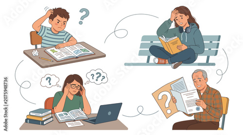 Illustration of four people studying and thinking with question marks floating around them in a puzzled and contemplative mood against a clean white background.
