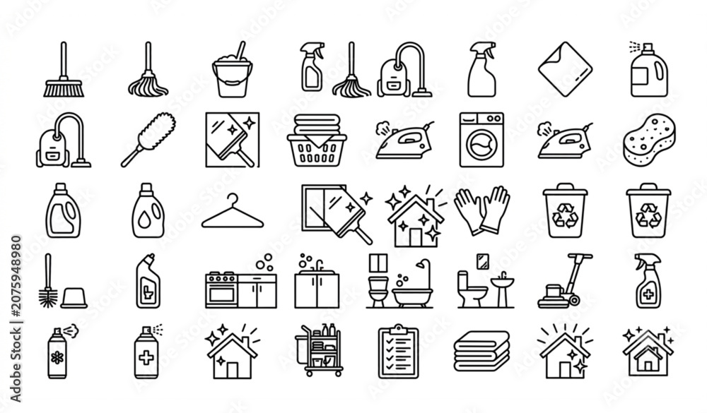 Fototapeta premium Professional House Cleaning Service Line Icon Pack Featuring Laundry Hygiene and Home Maintenance Vector