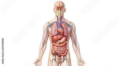 Photos Detailed illustration of a human body with visible internal organs and circulatory system on a white background