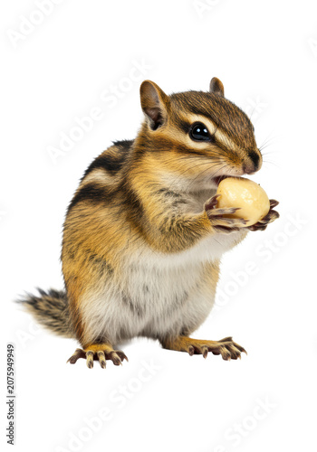 Striped chipmunk sitting upright, holding a nut to its mouth, isolated on a transparent background with ample copy space. Concept for animal portrait advertising.