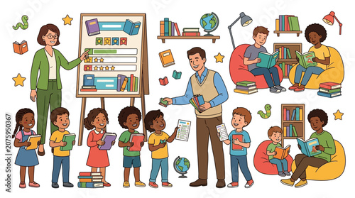 Illustration of diverse children and teachers in a classroom setting with educational elements and books in a colorful and lively atmosphere.