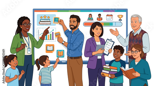 Diverse group of adults and children presenting and discussing on a colorful whiteboard with educational charts and graphs in a collaborative and informative setting.