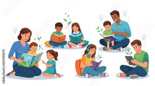 Illustration of diverse families reading together in a sitting position on a plain white background with a warm and cozy mood.