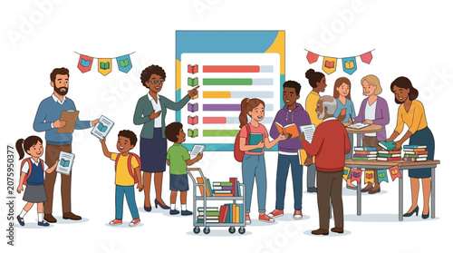Illustration of a diverse group of people and children gathered around a table and chart with colorful banners, conveying a joyful community event in a vibrant and lively setting.