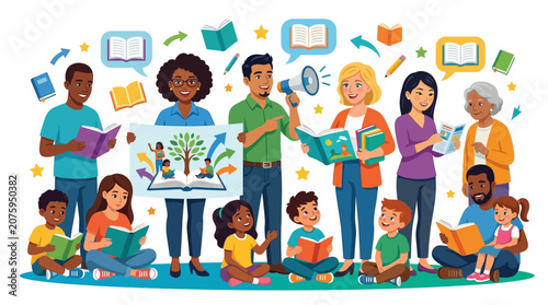 Diverse group of people and children reading and learning together with books and educational icons floating around them on a white background with a colorful and lively mood.