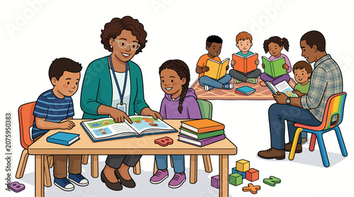 A teacher and children engaged in reading activities at a table with books and toys in a classroom setting with a colorful and educational mood.