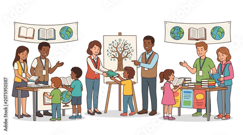 A group of diverse teachers and students engaging in various educational activities in a classroom with colorful artwork and globes on the walls.