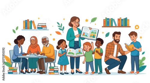 Illustration of diverse adults and children reading and learning together in a colorful setting with books and plants on a white background.