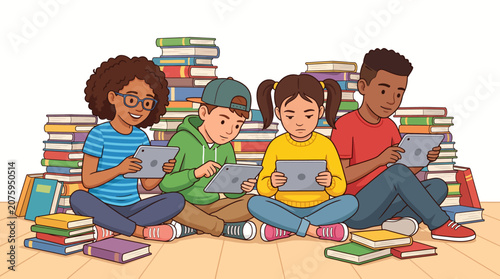 Four diverse children sitting on floor with tablets and books around them in a colorful and lively setting with a playful mood.