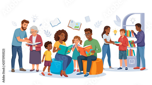 Diverse group of people reading books and using tablets in a casual library setting with a clean white background and colorful illustrations.