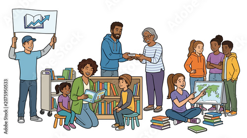 Diverse group of people engaging in various activities in a library setting with books and educational materials.